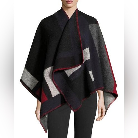 Burberry Gray and Red Wool Poncho
